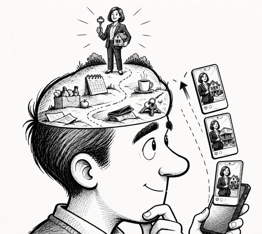 Illustration en noir et blanc : un homme fait défiler des vidéos d'agents immobiliers sur son téléphone, et dans ses pensées ouvertes, parmi les tracas du quotidien, une silhouette rayonne : l'agente avec une clé et une maison, top of mind.
