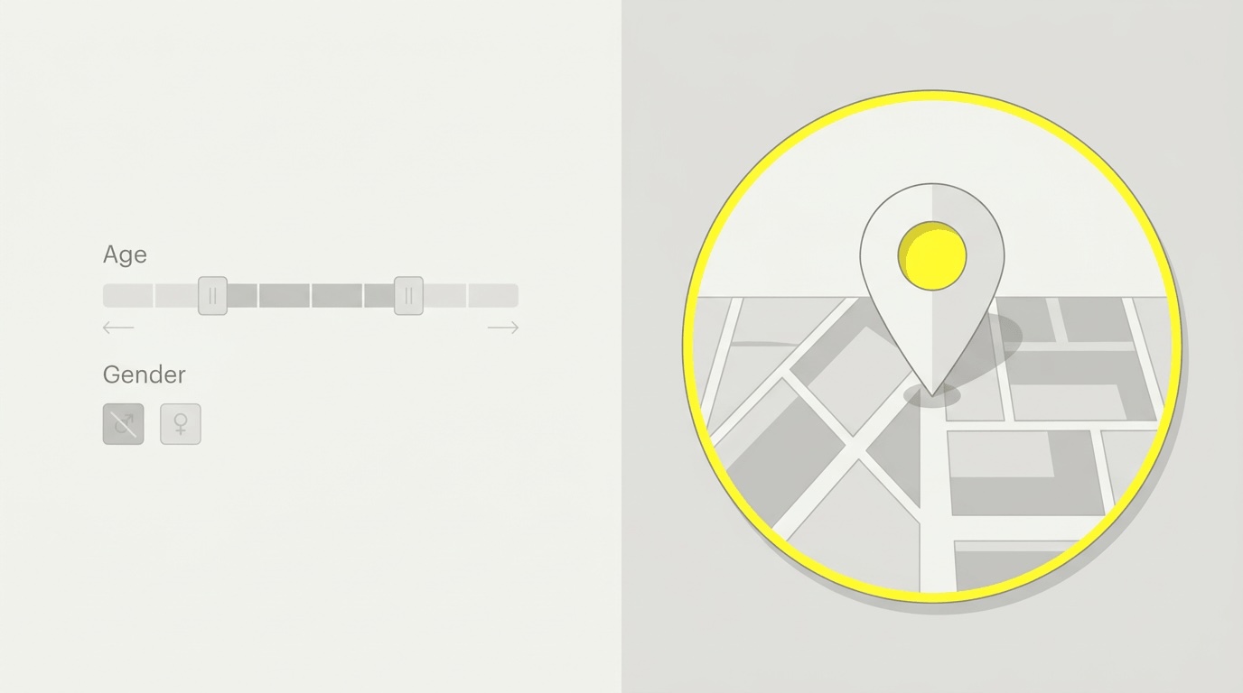 Demografische Filter wie Alter und Geschlecht verblassen, während das Standort-Targeting mit einem Radius um das Viertel aktiv bleibt.