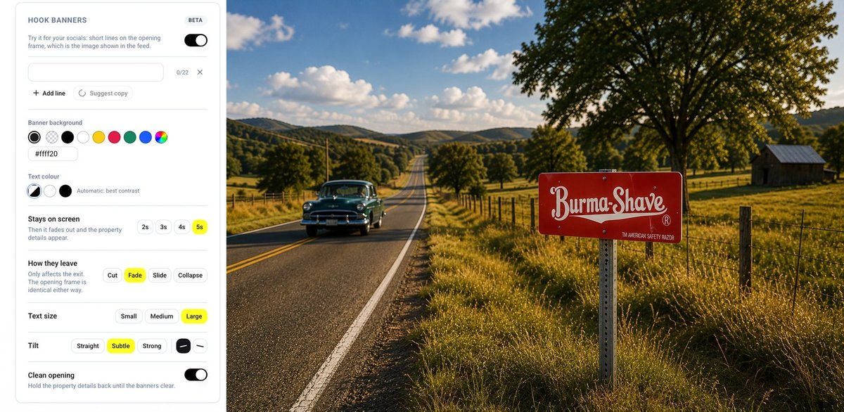 À esquerda, o painel de definições dos hook-banners com linhas de texto, cores, timing e animações de saída; à direita, uma placa Burma-Shave ao longo de uma estrada rural americana soalheira com um carro antigo a aproximar-se.